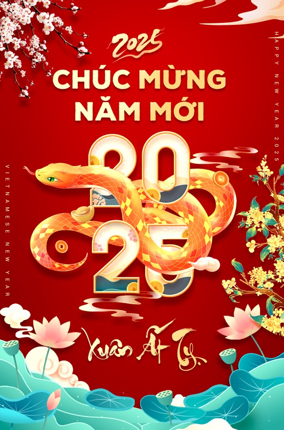 Bannner poster chúc mừng năm mới mừng xuân ất tỵ 2025 tranh vẽ đầm sen